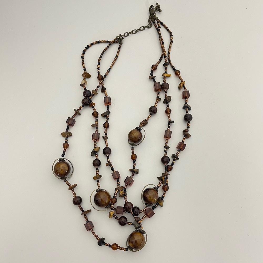 Beaded Layered‎ Necklace Brown Gold Round Square Bead Fashion Jewelry